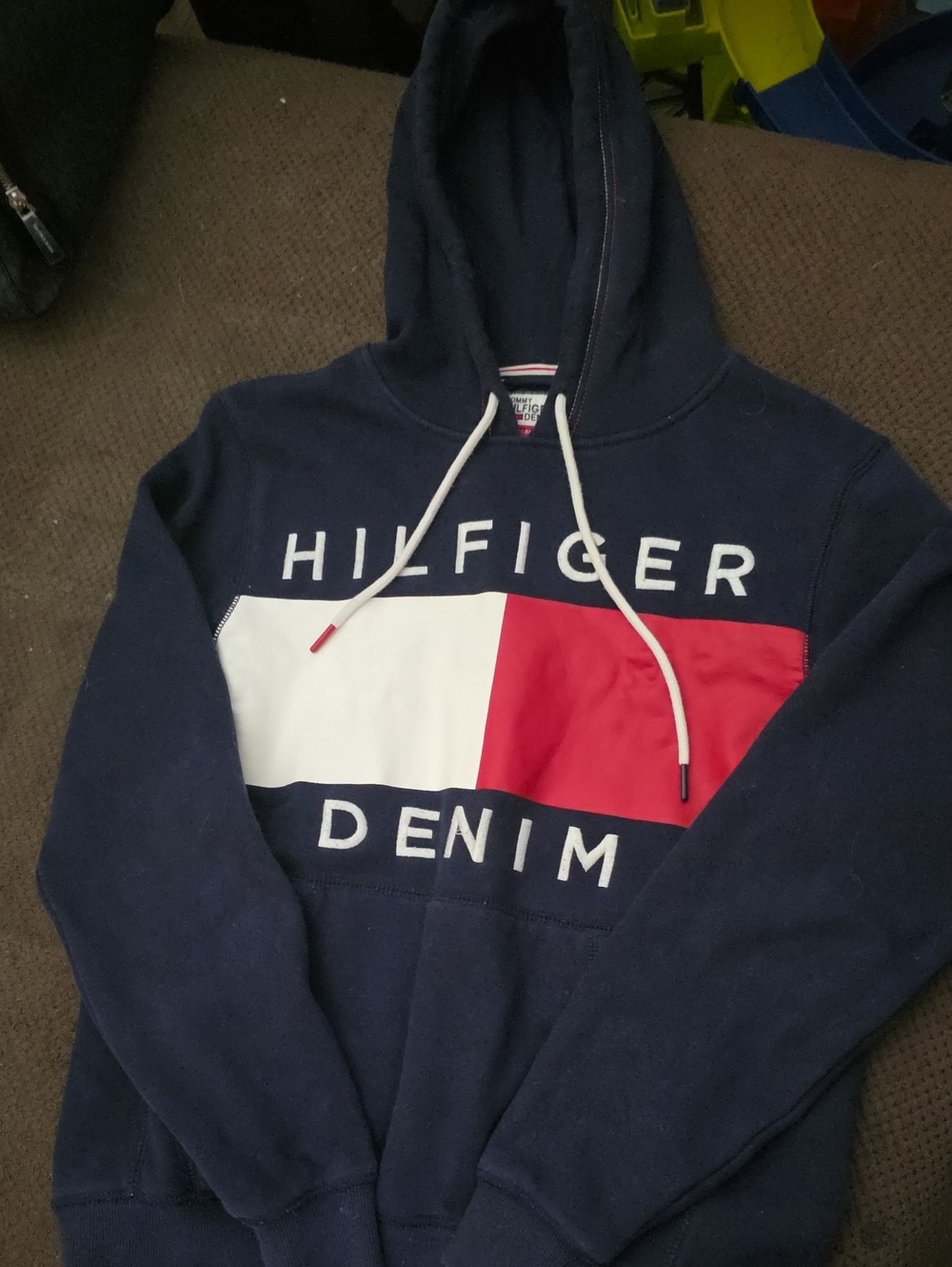 Tommy Hilfiger Navy Hoodie with White and Red Flag Panel